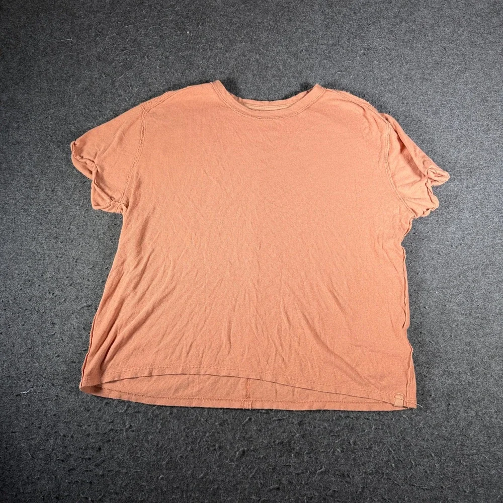 We The Free People Linen Blend Boxy T-Shirt Coral Peach Raw Seam Small OB896590